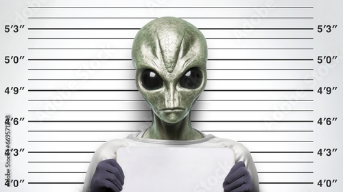 Close-up mugshot of a stereotypical green skinned alien holding a blank name sign, against a police height measurement ruler background photo
