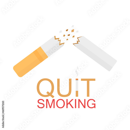 Broken cigarette with the inscription quit smoking, vector illustration for the day of quitting smoking, do not smoke, 10 eps, day of quitting smoking, broken cigarette on a white isolated background