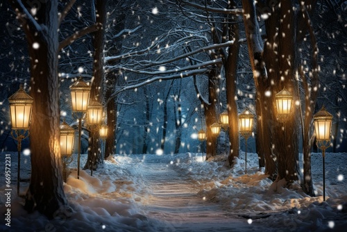 A merry winter landscape covered in delicate snowflakes and glowing lamps. Generative AI © Meliora