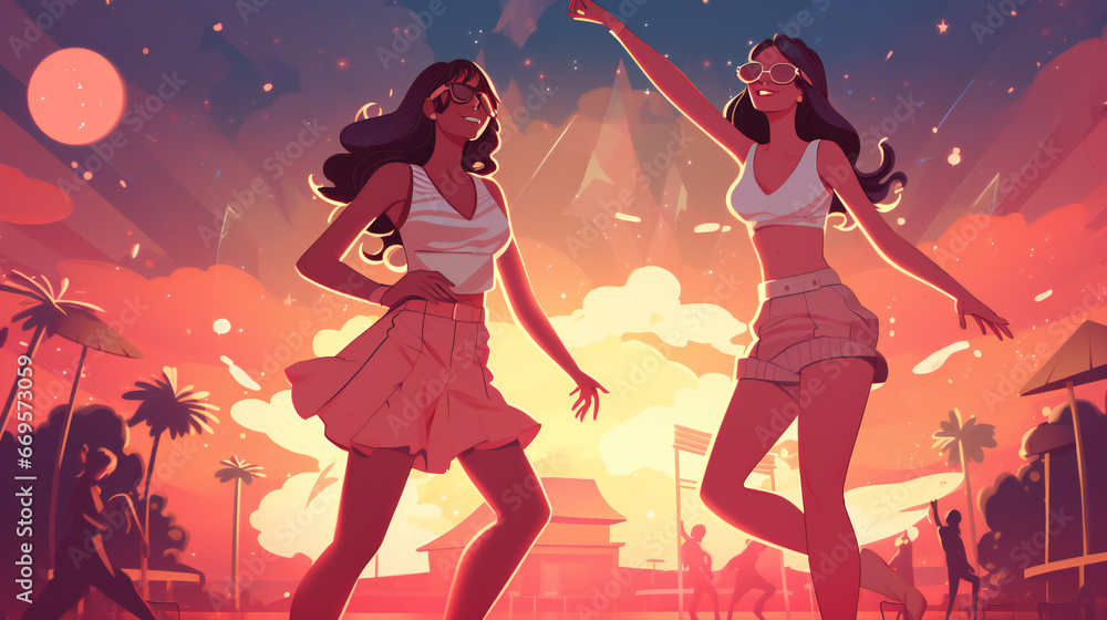 Illustration of a two pretty girls dancing in a disco on a summer night. Generation AI Illustration of a two pretty girls dancing in a disco on a summer night. Generation AI
