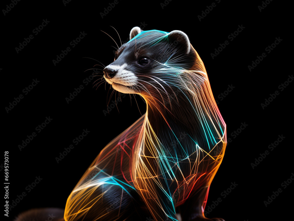 A Geometric Ferret Made of Glowing Lines of Light on a Solid Black Background