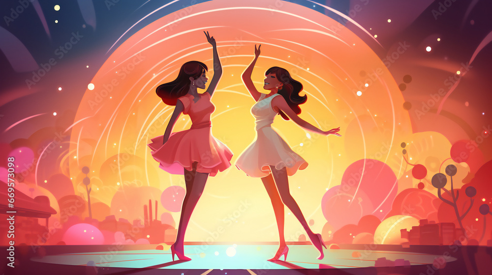 Illustration of a two pretty girls dancing in a disco on a summer night. Generation AI