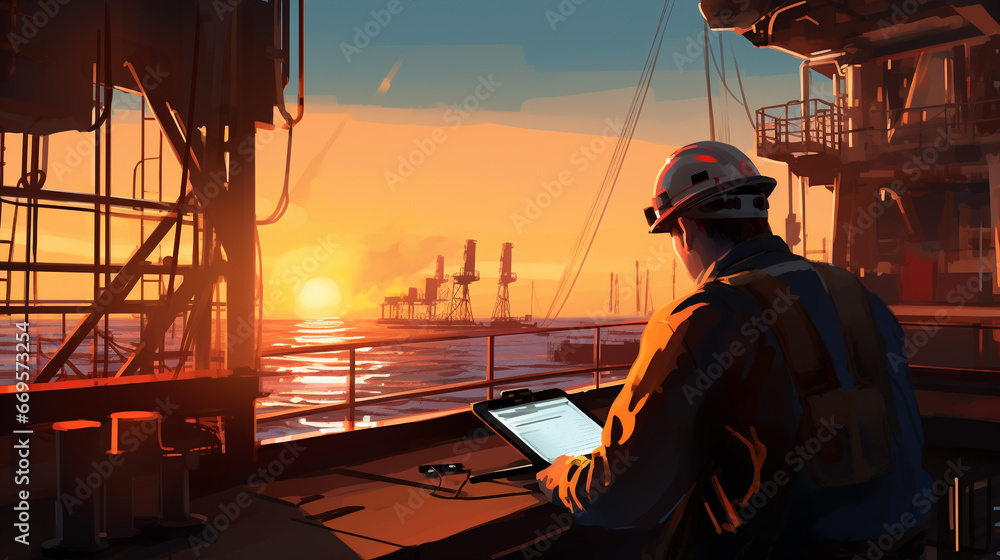 A marine engineer is using a tablet to monitor weather conditions on an offshore oil rig. A marine engineer is using a tablet to monitor weather conditions on an offshore oil rig.