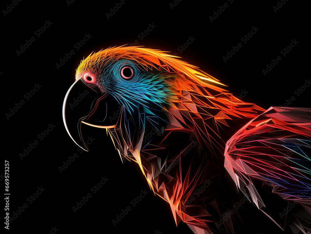 Fototapeta premium A Geometric Parrot Made of Glowing Lines of Light on a Solid Black Background