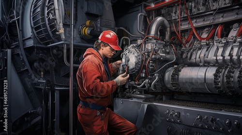 A marine engineer working on the engine of a large cargo ship.