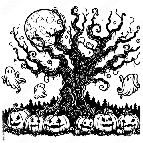 Black silhouette  hanuted old Tree Halloween celebration with ghost and pumpkin