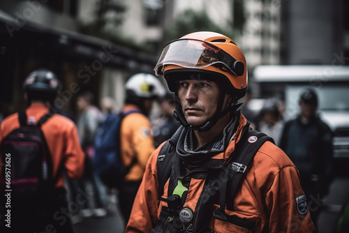 Rescue service service man in helmet helps people after disaster looking at side. AI Generative