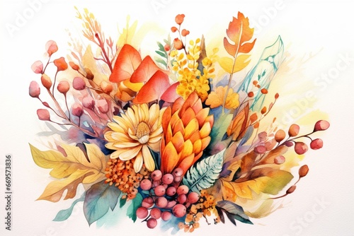 Watercolor painting of a bouquet consisting of flowers and leaves in autumn colors. Generative AI