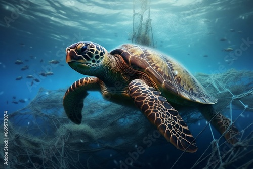 Illustration of a sea turtle entangled in an abandoned fishing net in the sea. Generative AI