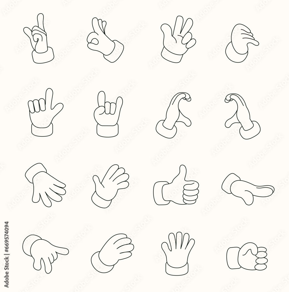 Hand Gestures Line Icons. Groovy character hand shows finger gestures. Set of realistic gestures hand shape. Hand Gestures Line Icons. Groovy character hand shows finger gestures. Set of realistic gestures hand shape.