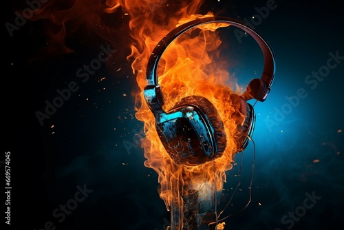 Image depicts a melting microphone with headphones engulfed in flames, symbolizing the destruction of music technology. Generative AI
