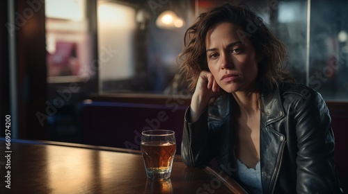 Traurige junge Frau sitzt allein im Restaurant mit einem Getränk