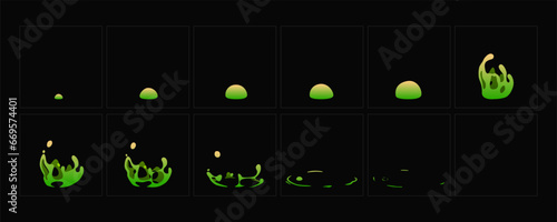 Green toxic bubble burst effect. liquid bubble animation sprites sheet for 2D animation. game, cartoon, video, animation or motion design. lava bubble burst.
