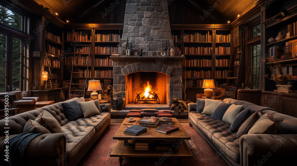 A cozy living room with a roaring fireplace, plush sofas, and bookshelves filled with books A cozy living room with a roaring fireplace, plush sofas, and bookshelves filled with books