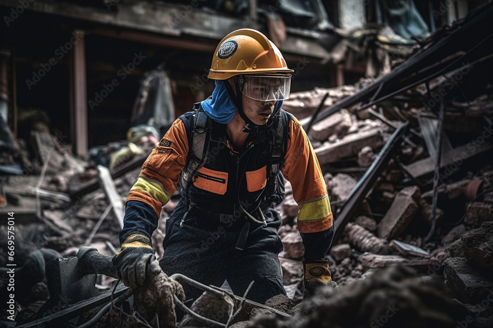 Rescue service man in protective helmet clears rubble of house after natural disaster. AI Generative Rescue service man in protective helmet clears rubble of house after natural disaster. AI Generative