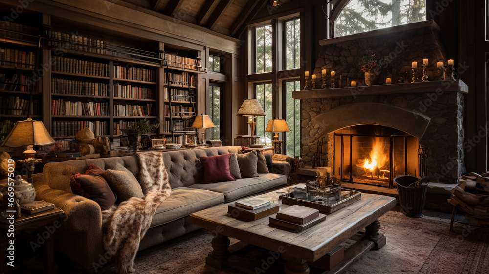 A cozy living room with a roaring fireplace, plush sofas, and bookshelves filled with books A cozy living room with a roaring fireplace, plush sofas, and bookshelves filled with books