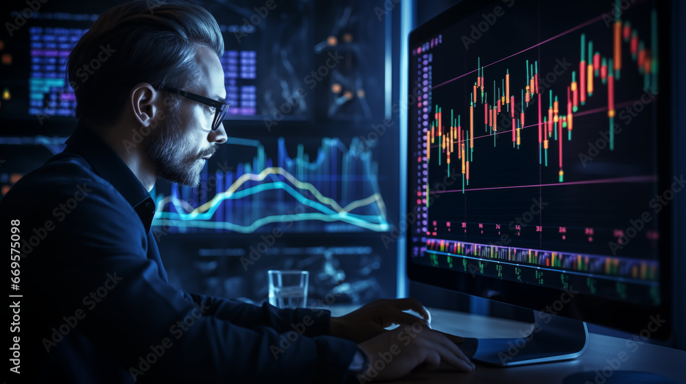 The man standing near the blue screen with charts in the dark room The man standing near the blue screen with charts in the dark room