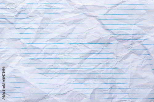 Top view empty rumpled lined paper with wrinkled. Notebook lined paper background and texture.