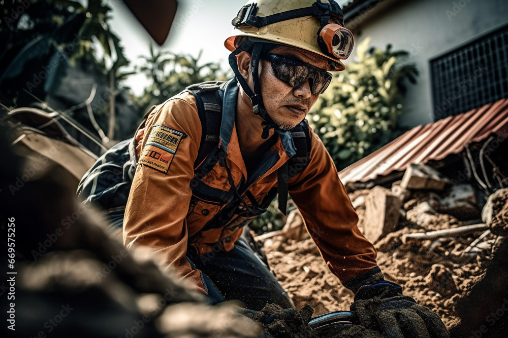 Fototapeta premium Rescue service man in protective helmet clears rubble of house after natural disaster. AI Generative