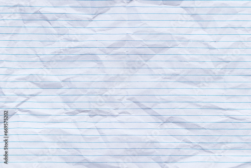 Top view empty rumpled lined paper with wrinkled. Notebook lined paper background and texture.