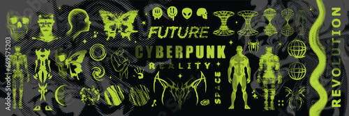 Retro futuristic space print set, science fiction cyber vector graphic element pixel human figure. Planet Earth sign, acid techno poster, brutalist halftone t-shirt streetwear design. Retro futuristic