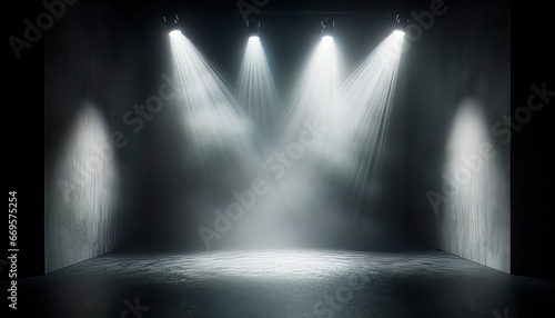 Stage illuminated by spotlights. Abstract background. Mockup. Generative AI