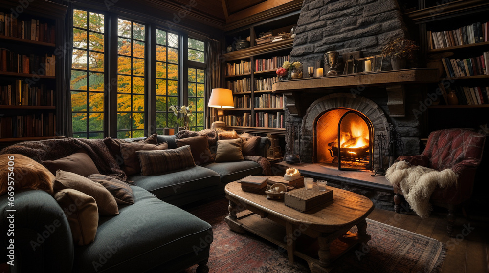 A cozy living room with a roaring fireplace, plush sofas, and bookshelves filled with books A cozy living room with a roaring fireplace, plush sofas, and bookshelves filled with books