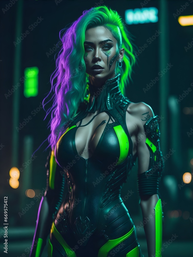 Futuristic Female Cyborg with Green Hair in a High Tech City