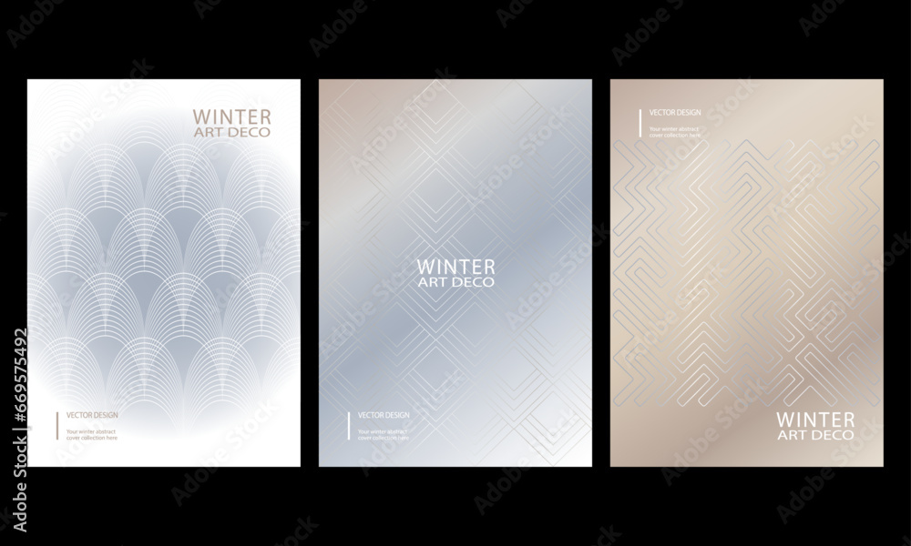 Set of winter geometric vector pattern with line texture on gradients background. Collection art deco style. Light modern wallpaper, monochrome graphic element. Seasonal vector template, cover, banner