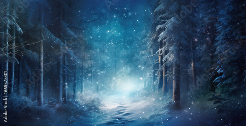 Panorama of enchanted forest in winter night with snow covered trees along glowing mystical path