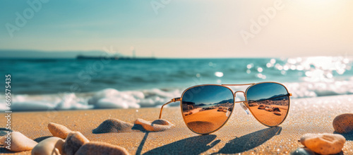 Sunglasses and Serene Waves a Beach with Ocean View