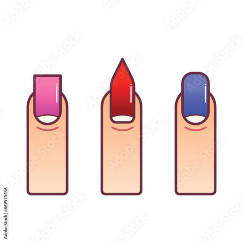 Colored outlined three human finger nails shape after polished and painted vector icon illustration isolated on square white background. Simple flat cartoon art styled drawing.