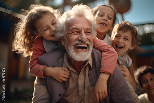 Closeup grandfather playing with children are having fun together, Happy family concept