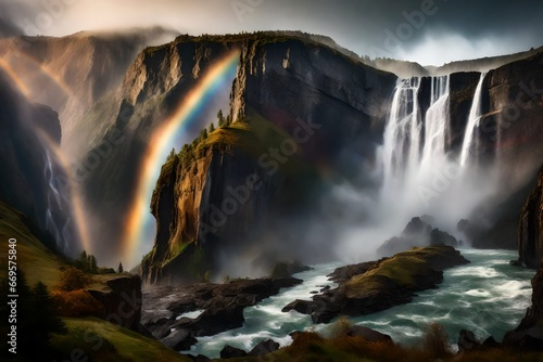 A majestic waterfall cascading down a rugged cliff face, surrounded by mist and rainbows.