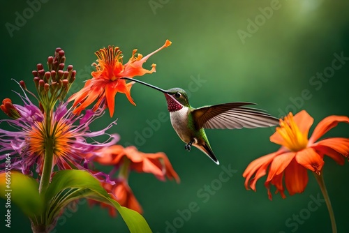 A hummingbird hovering in front of a vibrant tropical flower  sipping nectar.