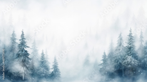 Mountain forest in winter with pine trees covered with dense snowfall. Landscape with copy space © ChaoticDesignStudio
