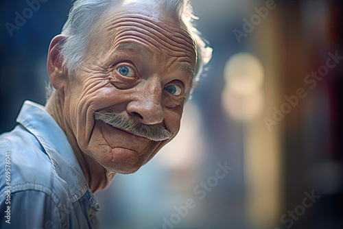 Portrait against a blurred background of a very old smiling man with a wrinkled face.
