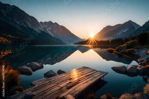 A serene sunrise over a pristine mountain lake, reflecting the first light of day.