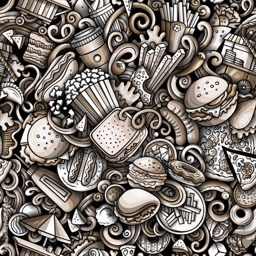 Cartoon doodles Fastfood seamless pattern