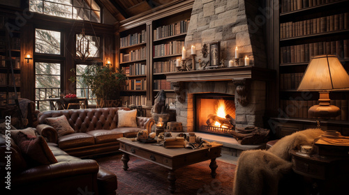 A cozy living room with a roaring fireplace, plush sofas, and bookshelves filled with books © Milan
