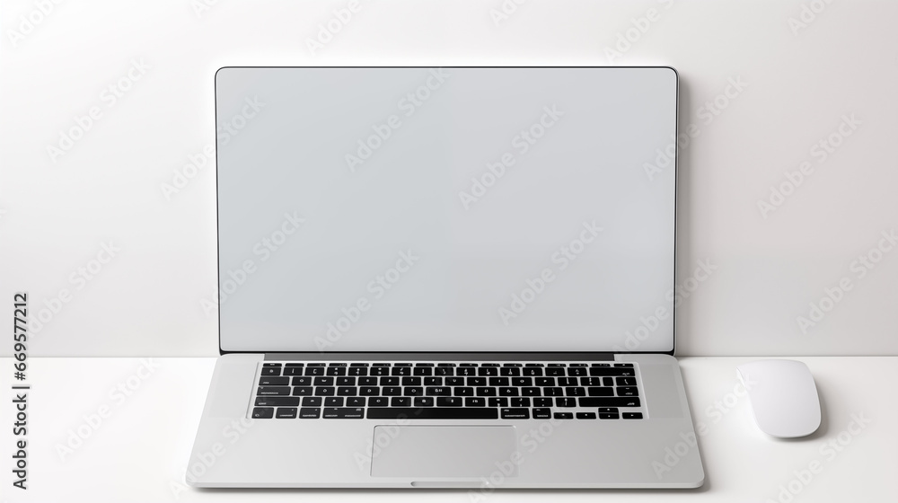 New laptop display with keyboard and mouse with blank screen against white wall New laptop display with keyboard and mouse with blank screen against white wall