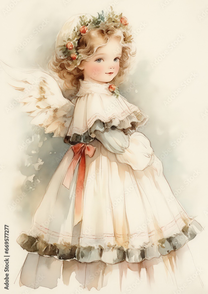 Fototapeta premium cute nostalgic christmas angel, suitable for greeting cards - ai-generated
