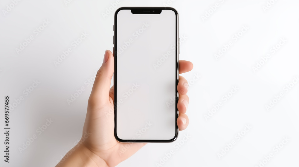 Woman hand holding smartphone with white screen isolated on white background. Close up of hands of young woman holding cellphone with empty screen. Hand showing phone with blank space for your own app Woman hand holding smartphone with white screen isolated on white background. Close up of hands of young woman holding cellphone with empty screen. Hand showing phone with blank space for your own app
