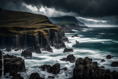 A rugged coastline with waves crashing against dramatic cliffs under a stormy sky.