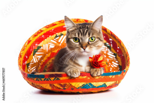 Cheerful illustration, the cat wears a Mexican sombrero. Isolated on white background. AI generated. AI generative.