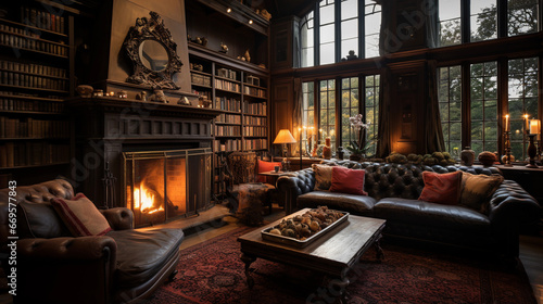 A cozy living room with a roaring fireplace, plush sofas, and bookshelves filled with books