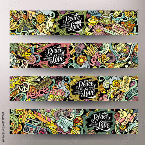 Hippie cartoon doodle banners set