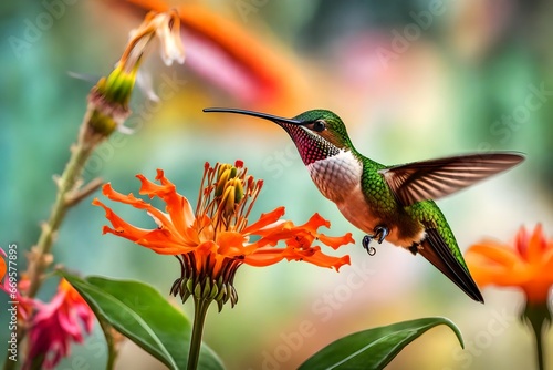 A hummingbird hovering in front of a vibrant tropical flower, sipping nectar.