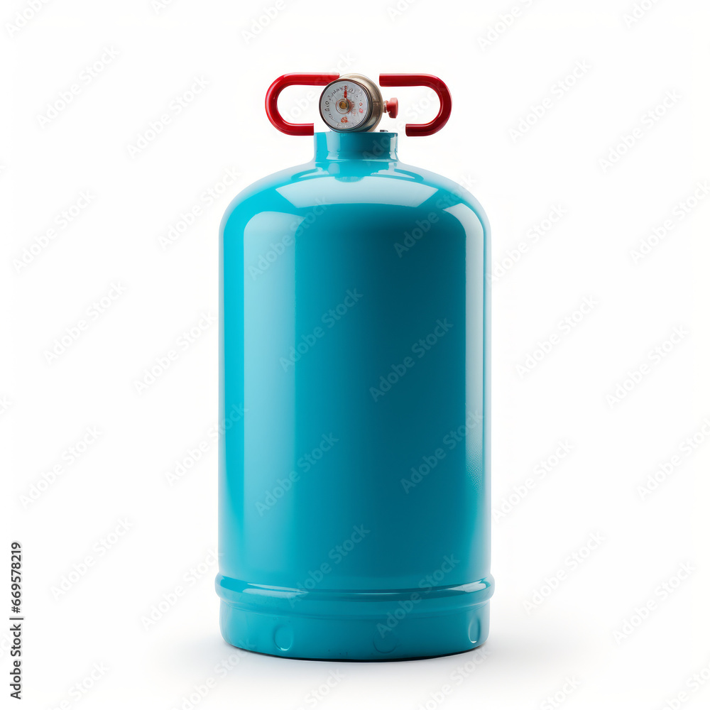 Blue gas cylinder with pressure gauge, metal valve, isolated on white. Blue gas cylinder with pressure gauge, metal valve, isolated on white.