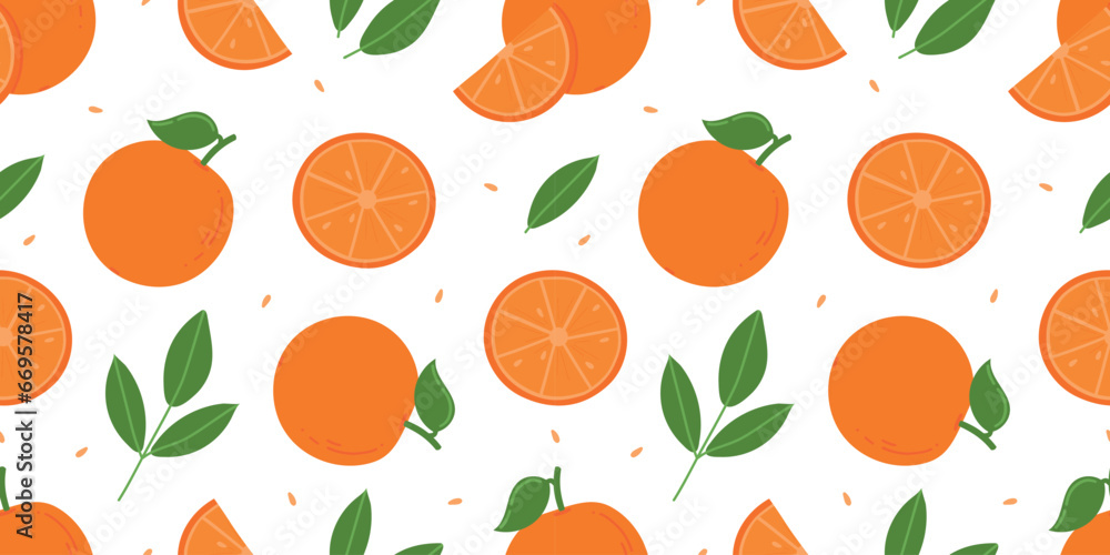 Seamless bright pattern with fresh oranges, leaves and seeds for fabric, drawing labels, wallpaper, fruit background. Slices of oranges background. Tropical seamless pattern Seamless bright pattern with fresh oranges, leaves and seeds for fabric, drawing labels, wallpaper, fruit background. Slices of oranges background. Tropical seamless pattern